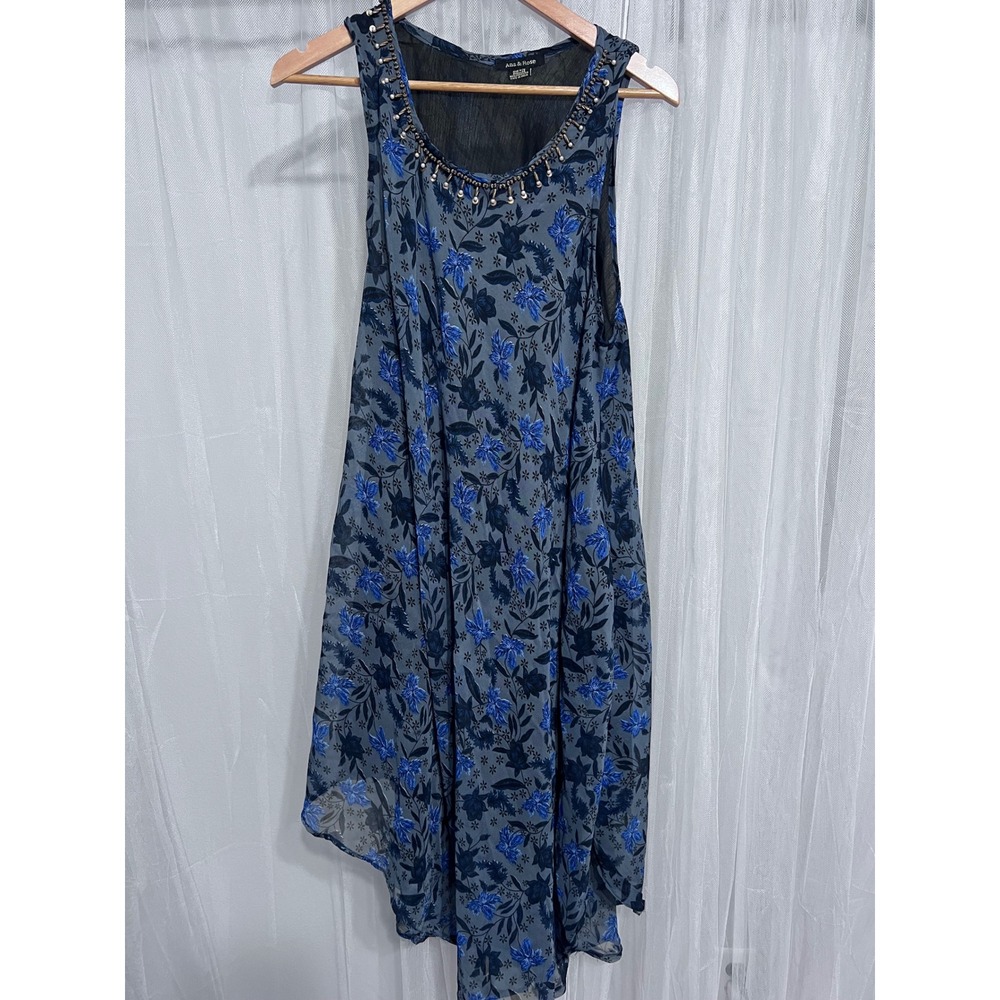 Ana‎ & Rose Blue Floral High-Low Sleeveless Embellished Neck Dress One Size